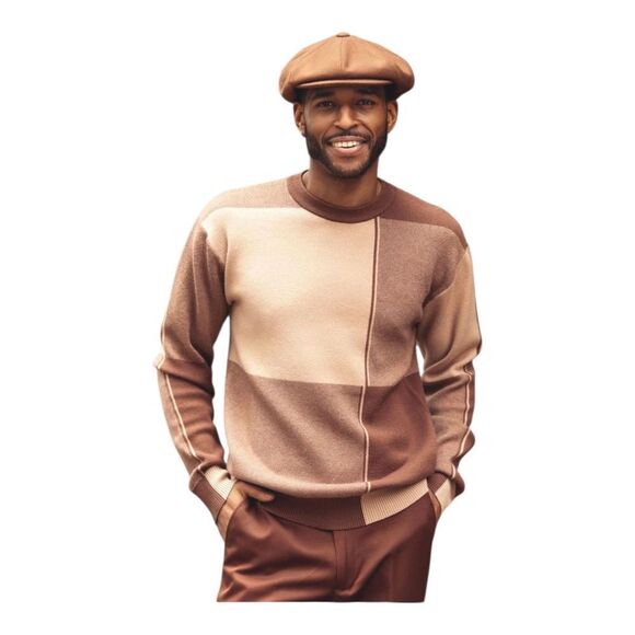 MONTIQUE MENS REGULAR FIT BROWN BEIGE XTRA SIZE COLOR BLOCK KNIT SWEATER. SW101. - Picture 2 of 2